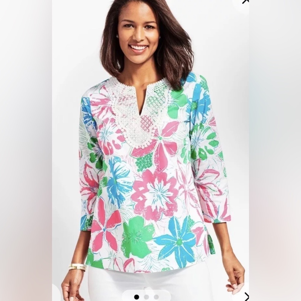 Talbots pink green blue white Floral Embroidered Women's Blouse tunic lace XLp